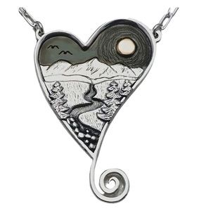 Mountain Scene Heart Pendant Silver Necklace
